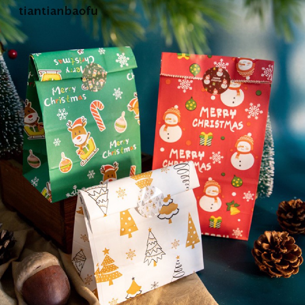 [tiantianbaofu] 24 Pcs Christmas Kraft Paper Bags With 24 Pcs Labels Santa Snowman Candy Bag Boutique