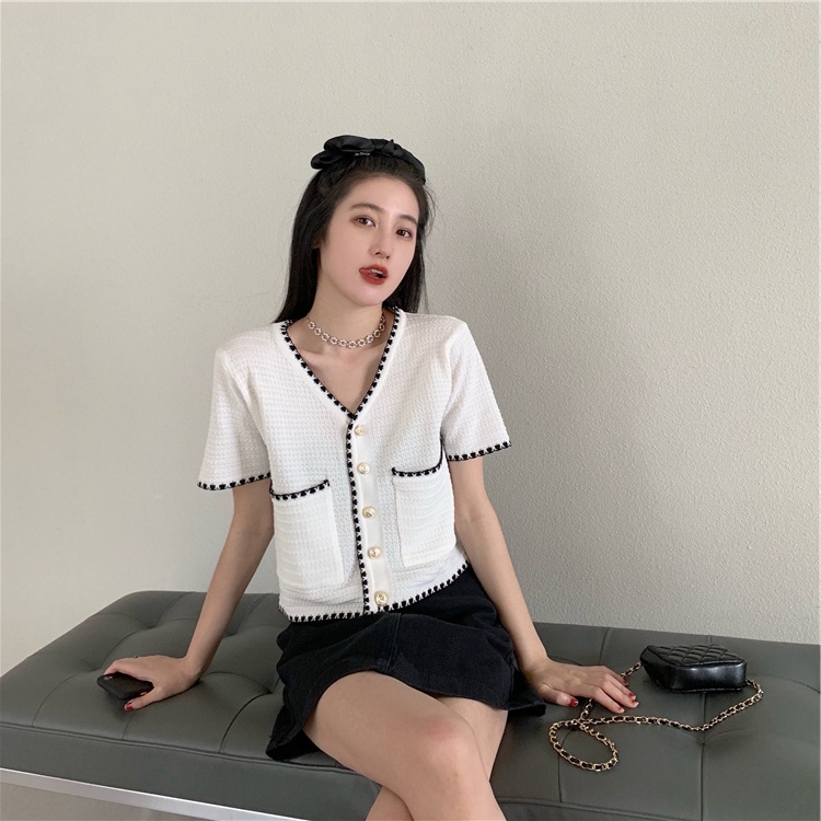 Atasan crop top kardigan rajut wanita lengan pendek Korean style cardigan rajut