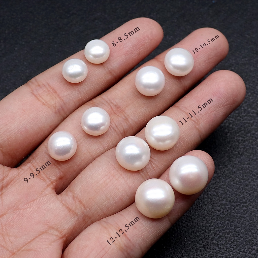 Mutiara Air Tawar Asli Size 8 mm - 12 mm Warna Putih Bentuk Bulat Bakpao | Natural Pearl Ukuran 8 mm
