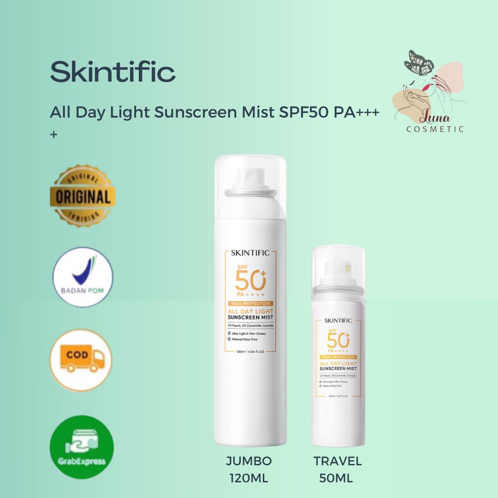 SKINTIFIC All Day Light Sunscreen Mist SPF50 PA++++ Sunscreen Spray Anti UV Wajah/Body Spray 50ml