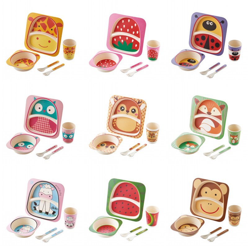 Tableware Set Bamboo Peralatan Makan Anak Bayi Mangkok Piring Sendok Garpu Gelas Baby Bowl Cup Dish
