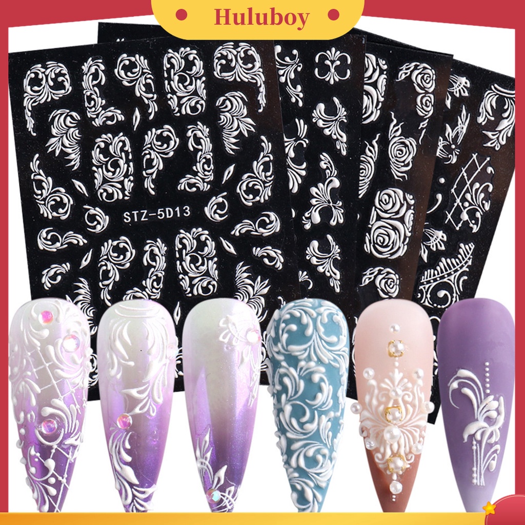 Huluboy Huluboy♡ Stiker Kuku Motif Bunga Timbul 5D Warna Putih Gaya Retro Untuk Dekorasi Manicure