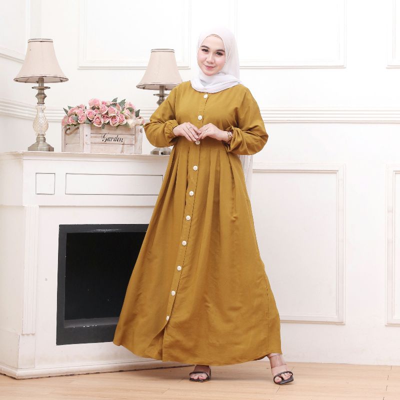 BAJU GAMIS RAYON POLOS TERBARU MODEL KEKINIAN FULL KANCING-Olive