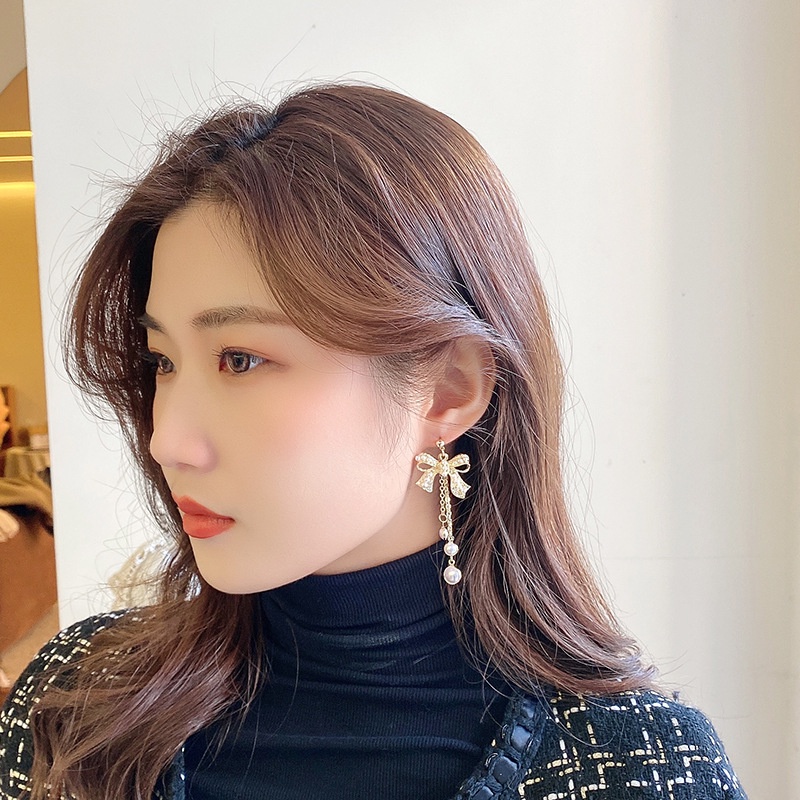 XiaoboACC Anting Gantung Panjang Tusuk Silver S925 Motif Simpul Pita + Rumbai + Mutiara Untuk Wanita