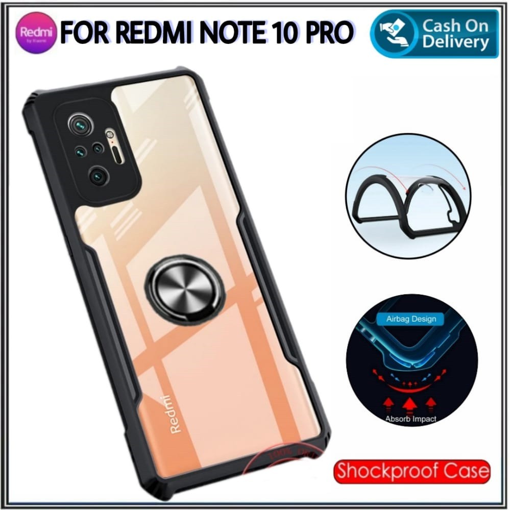 Case Xiaomi Redmi Note 10 Pro 4G Hard Soft Fusion Armor Shockprooft TPU HD Trasnparan Acrylic Casing HP Cover + Ring Holder Bisa COD DI ROMAN ACC