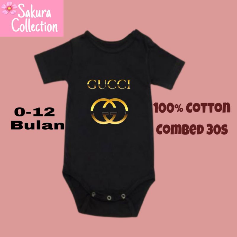 Kaos baju bayi jumper baby kids pendek viral logo tulisan merk Brand GUCCI usia 0 1 2 3 4 5 6 7 8 9 10 11 12 bulan sampai umur 1 tahun adem jumpsuit babysuit romper bodysuit little anak kecil hitam style laki laki perempuan unisex nyaman lembut