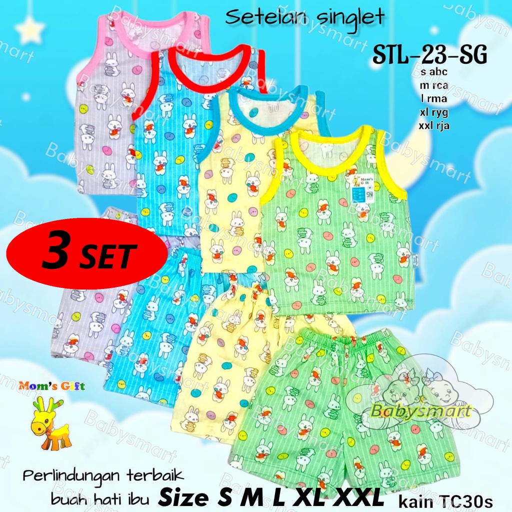 Babysmart - 3 SET Setelan Singlet/Kutung Anak/Bayi FULL PRINT Motif RABBIT MOM'S GIFT STL-23-SG SNI Bahan 100% Katun Size S - XXL