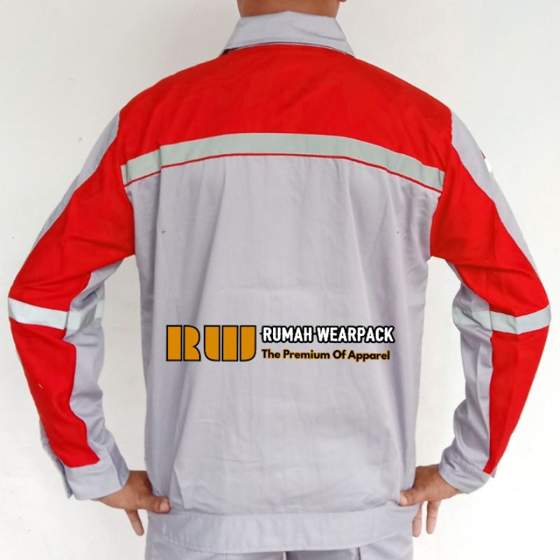 Baju Kerja/ Wearpack Proyek Atasan Warna Abu Muda Merah