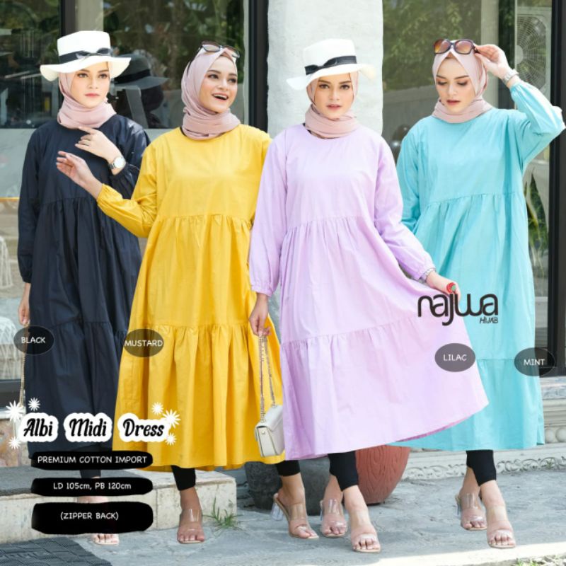 ALBI MIDI DRESS POLOS SUSUN REMPEL TUNIK MUSLIMAH WARNA HITAM LILAC