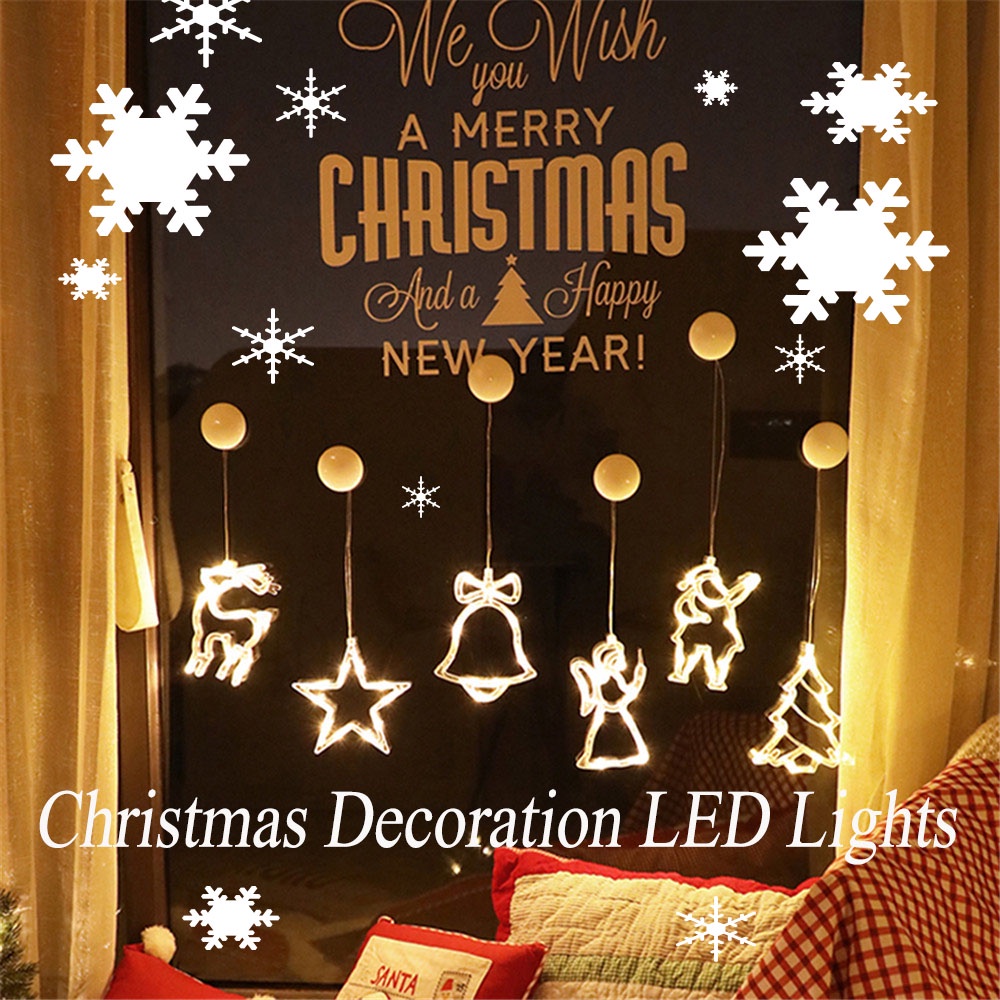 1pc Lampu Led Gantung Dinding / Jendela Desain Snowman / Rusa / Lonceng Natal Dengan Suction Cup