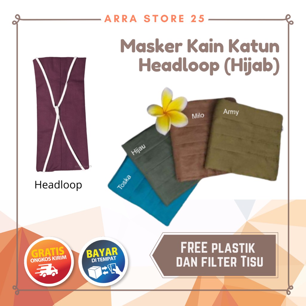 Masker kain katun 2 lapis kain + 1 slot tissue HEADLOOP (Hijab) TERMURAH Ready Stock