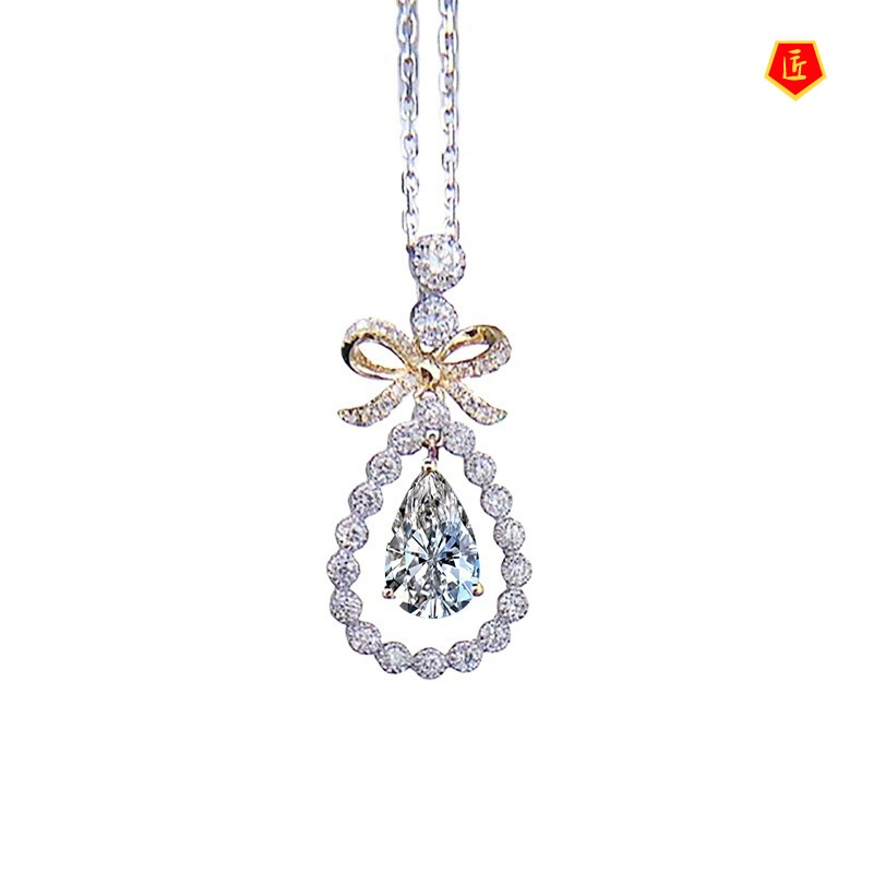 [Ready Stock]Bow Aquamarine Pendant 18K Gold Zircon Necklace Elegant Graceful