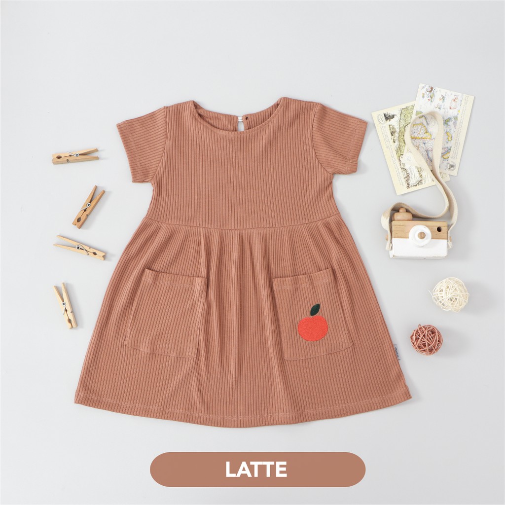 Mooi Dress Anak Perempuan Rib Pocket Dress-LATTE