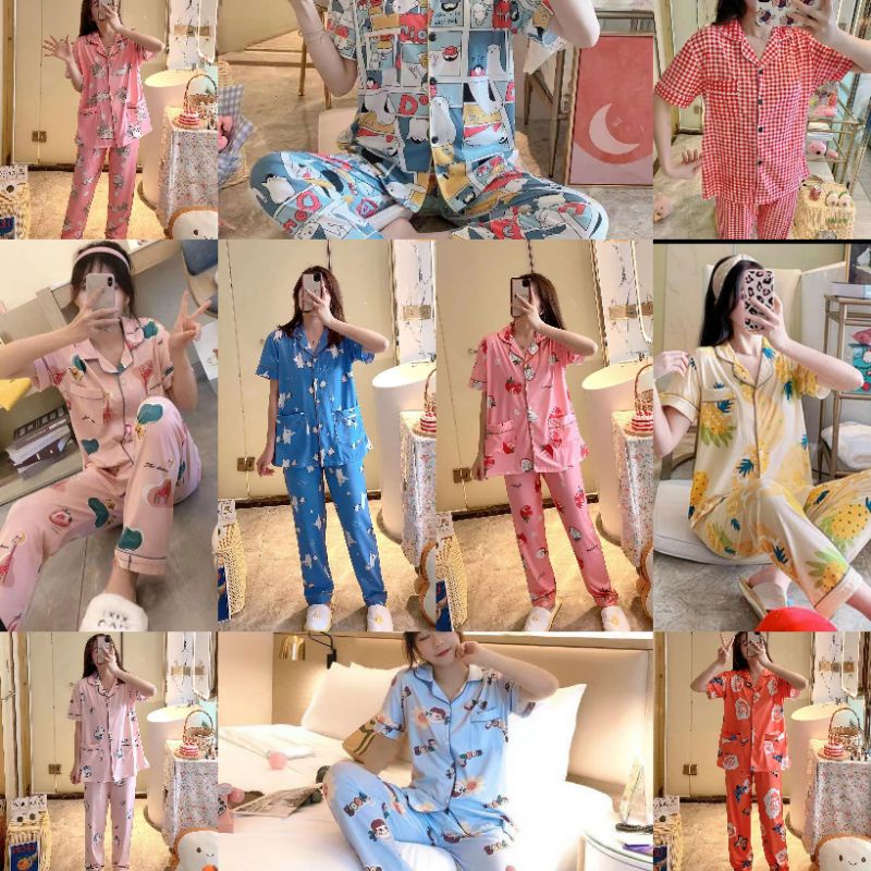 RULIF Baju tidur wanita / Piyama CP wanita import krah kancing lengan pendek