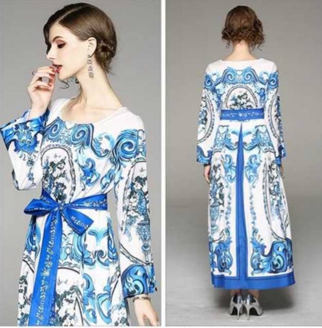 71001 DG MAXI DRESS BLUE / DRESS WANITA LEBARAN IMPORT BUNGA BIRU