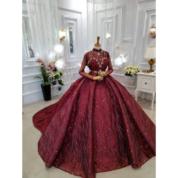 GAUN PENGANTIN/GAUN WARNA MERAH/GAUN MEWAH