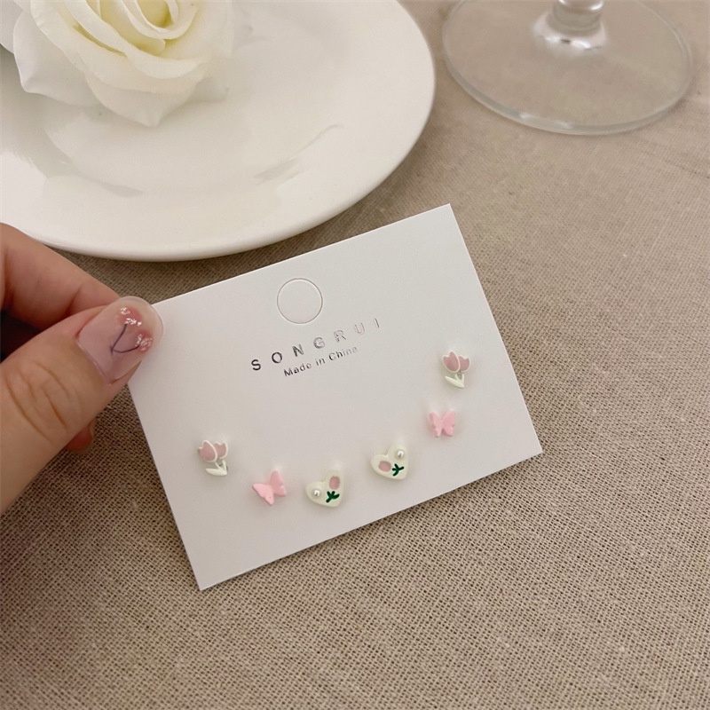 IFYOU 3pcs / set Anting Stud Desain Tulip Butterfly Gaya Vintage Korea Untuk Wanita