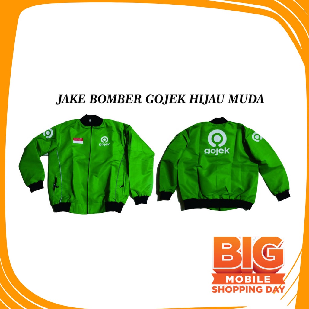 JAKET POLOS MOTIF SABLON BORDIR BOMBER ART/ jaket bomber ojol gojek hijau muda 1 sisi logo baru mura