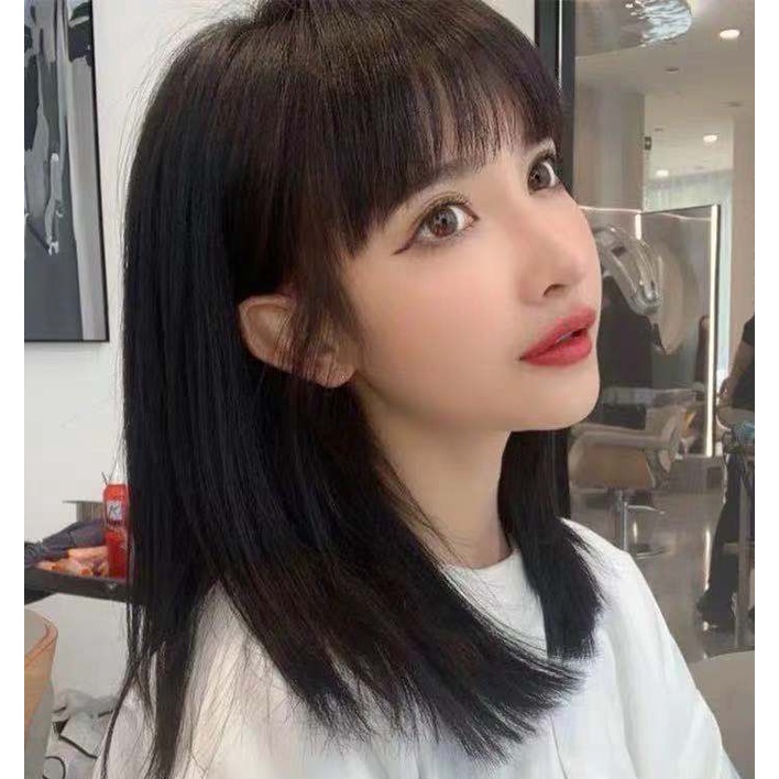 Wig Full Wanita Rambut Palsu Short Straight Wig Cewek Berponi Panjang Medium Korean Version / Wig Full Wanita