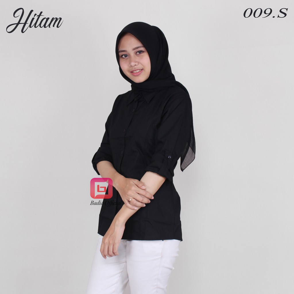 kemeja hitam motif list bordir kupnat formal kantor kerja katun jumbo big size wanita premium