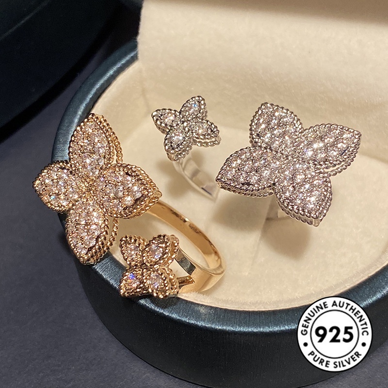 (S925) Cincin Elegan Model Clover Dengan Berlian Imitasi Untuk Wanita