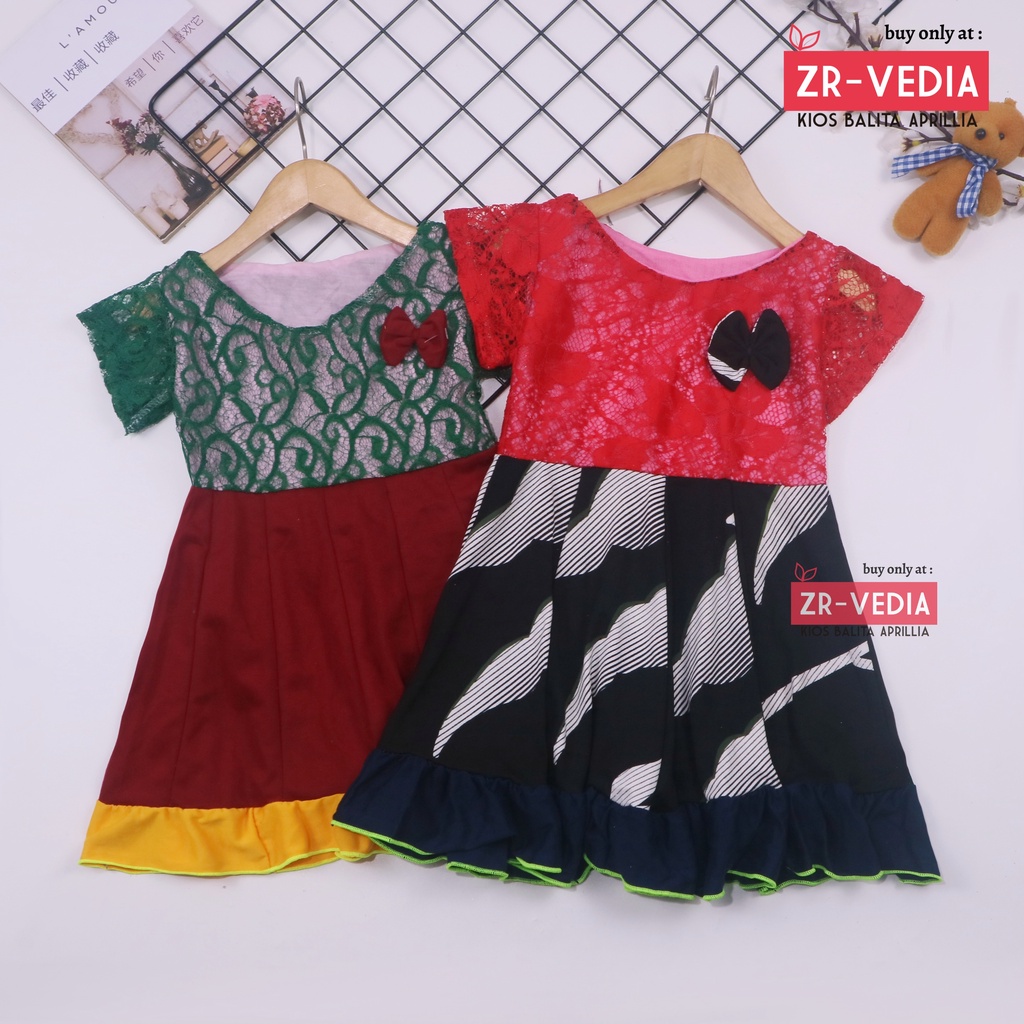 Dress Yuki uk 1-2 Tahun / Dres Lengan Anak Perempuan Brukat Adem Murah Baju Gaun Pesta Import