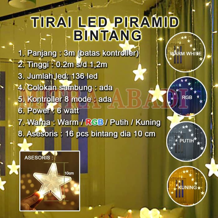 Lampu Natal Tirai LED Piramid Bintang 136 LED 3 Meter