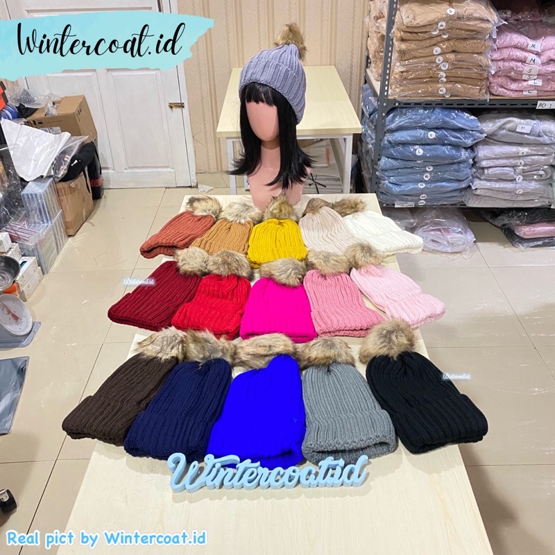 Beanie hat topi rajut import adjustable pompom kupluk tebal hangat pom pom wanita remaja autumn winter hat