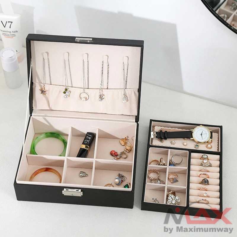 BLOONG Kotak perhiasan dua tingkat / Tempat perhiasan / kotak penyimpanan perhiasan / box perhiasan / jewelry box / Box Penyimpanan Perhiasan dan Jam Tangan 2 Layer - ZUZ-006 Jewelry Box for Women Large Capacity Lockable Organizer Holder Display Storage