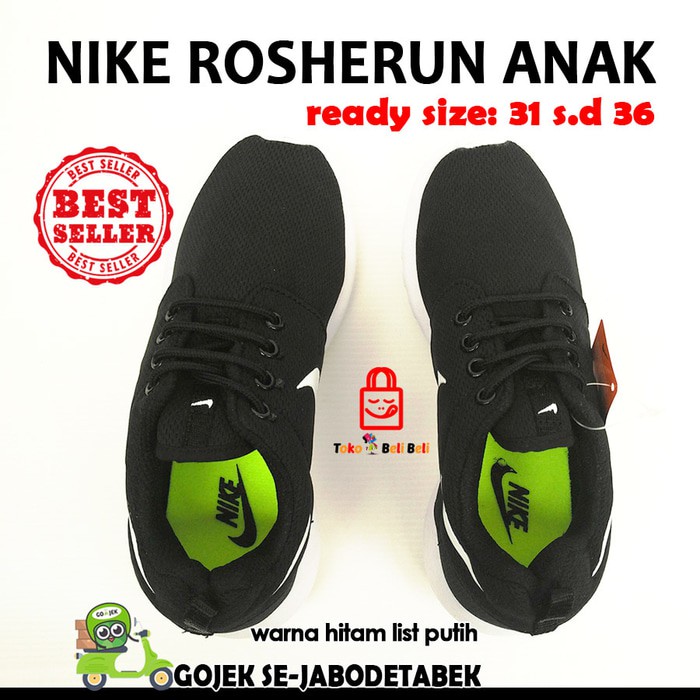 nike rosherun anak - hitam list putih. sepatu anak. sepatu sneakers