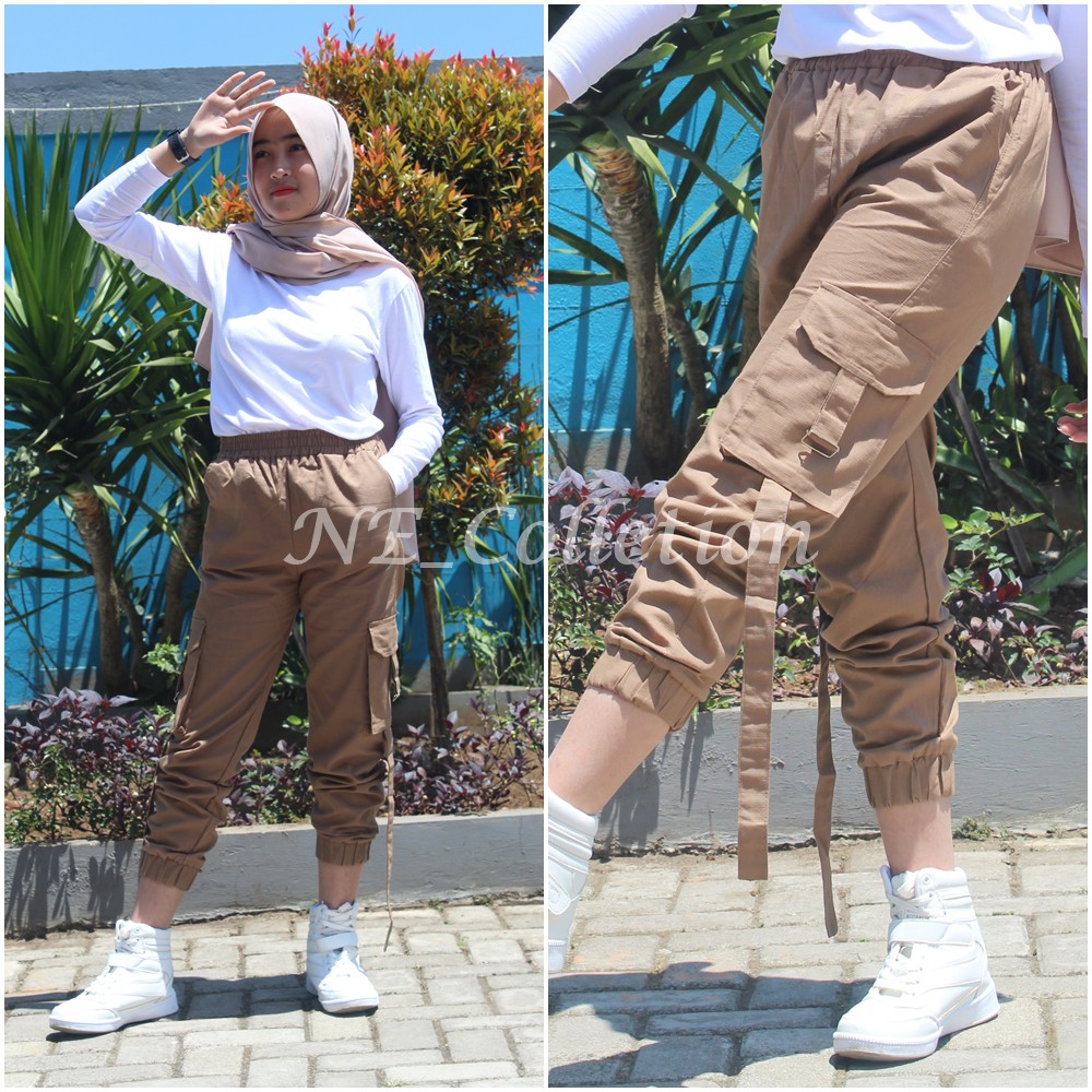 Celana Jogger Tactical Celana Cargo Slim Fit Wanita Zailna Skirt Warna Mocca