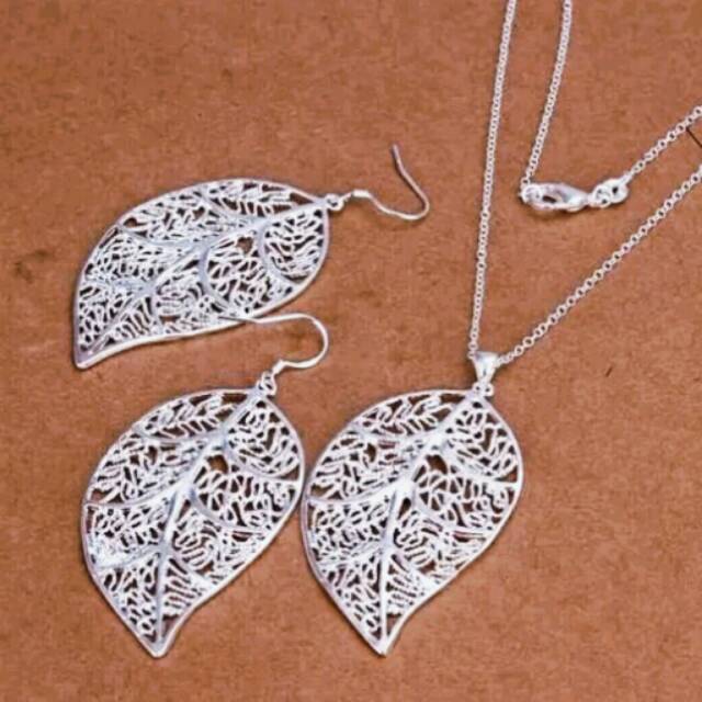 Set kalung dan anting perak 925 model daun leaves solid 925 solid silver