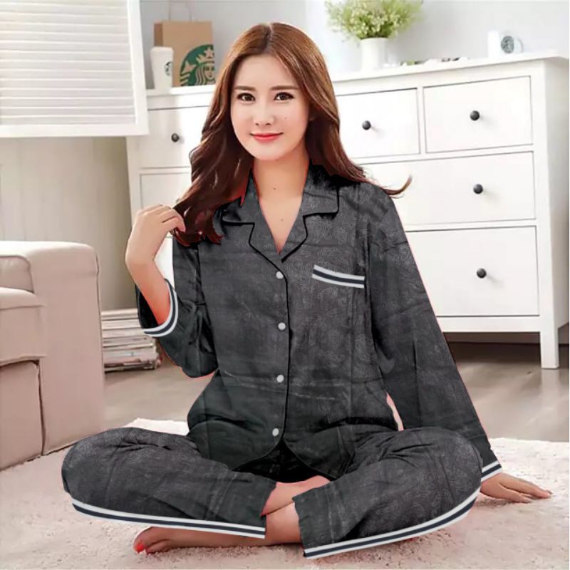 piyama katun polos/piyama lengan panjang/setelan wanita/baju setelan kekinian/pita embos