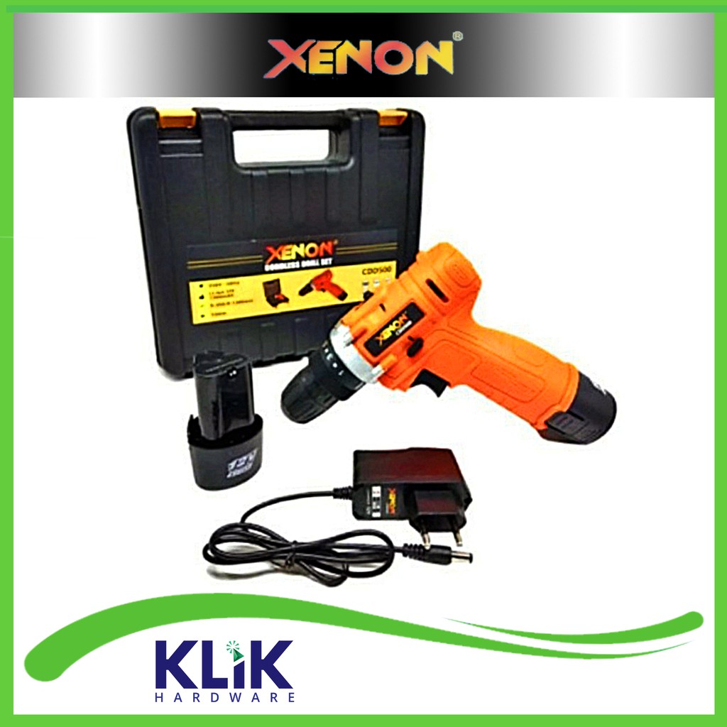 Xenon Mesin Bor Tangan Cas Cordless Drill Charge CDD500 2 Pcs Baterai 12V