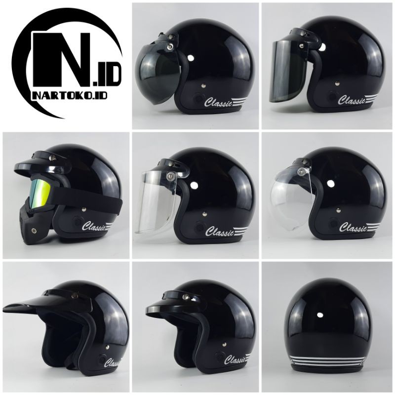 HELM BOGO DEWASA CEWOK COWOK FULL LEHER CLASSIC HITAM GLOSS SNI