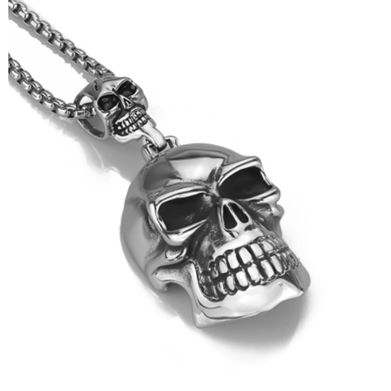 Kalung Liontin Tengkorak Ganda Bahan Stainless Steel Gaya Gothic Punk Rock