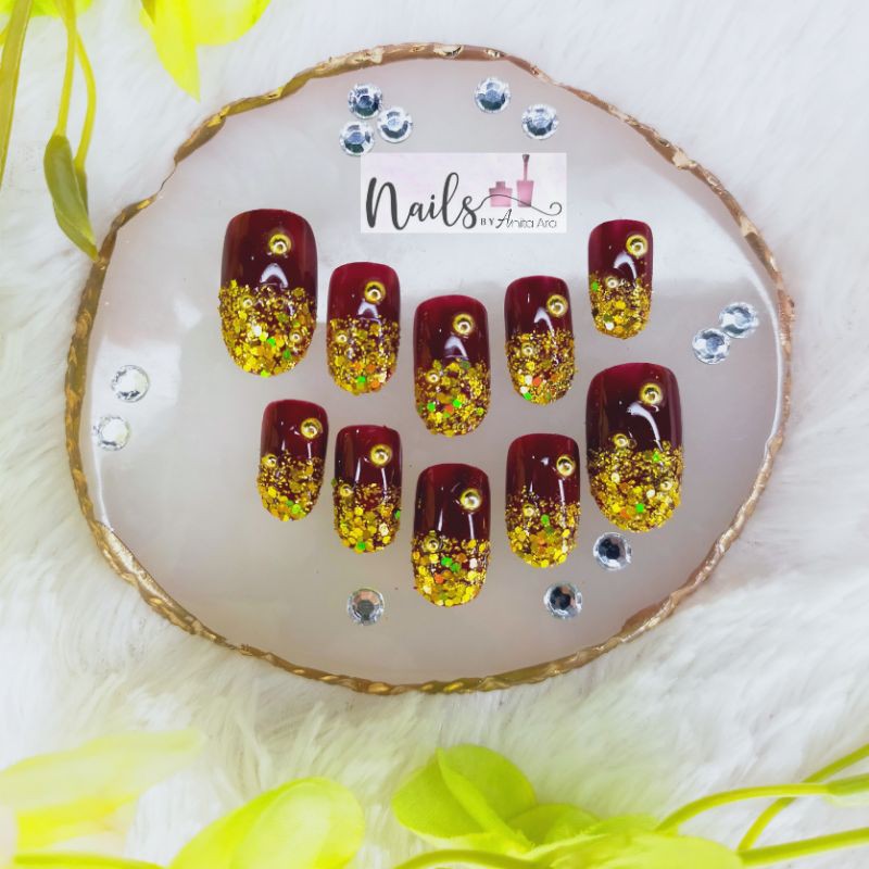 Kuku palsu merah gold / wedding fake nails maroon gold