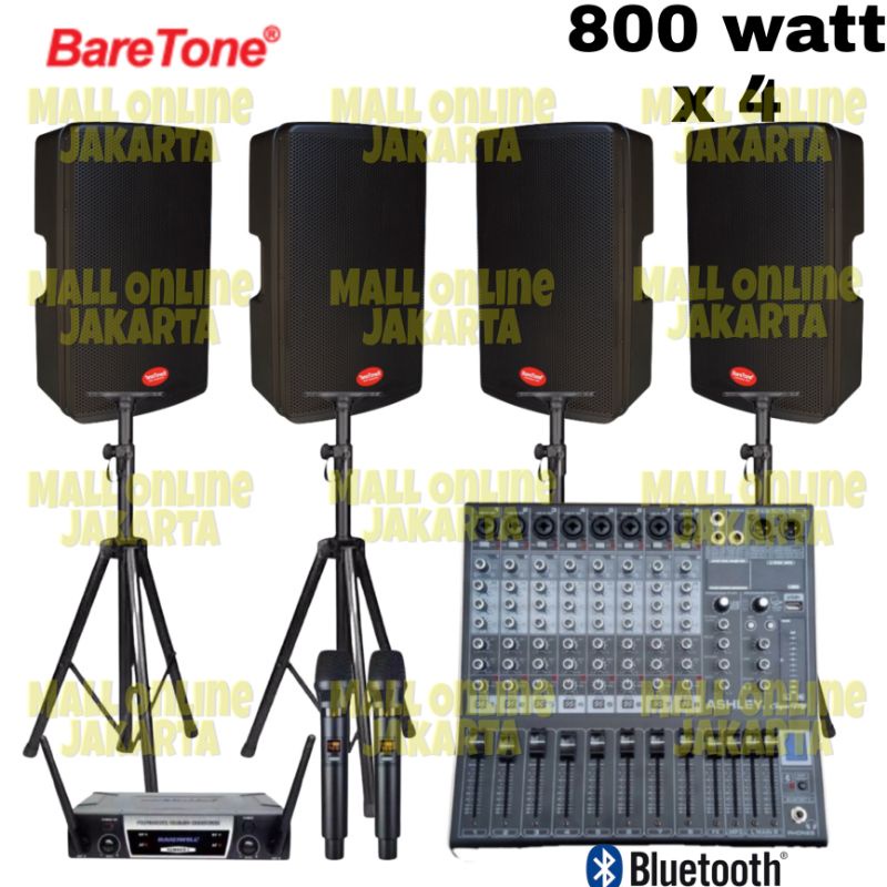 Paket 4 speaker aktif baretone 15 inch max 15h 800 watt outdoor mixer 8 channel