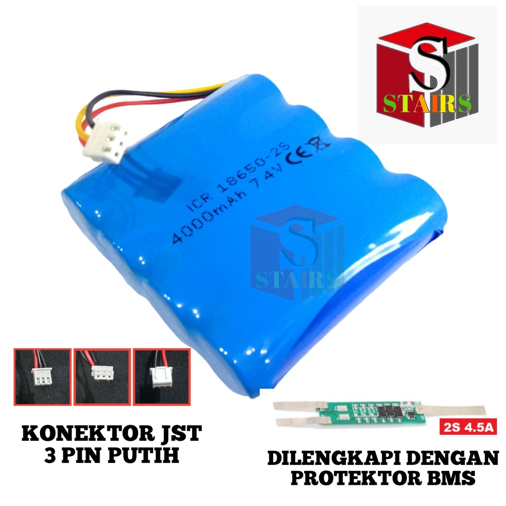 Baterai RC/ Remot Control/Speaker &amp; Elektronik Lainnya 4X 18650-2S 4000mAh 7.4V Protektor BMS 4.5A Konektor JST 3 PIN