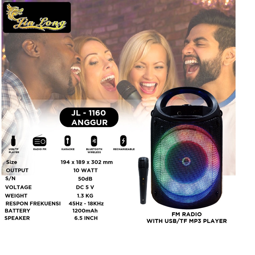SPEAKER JINLONG ORIGINAL JL 1160 ANGGUR SPEAKER BLUETOOTH SPEAKER KARAOKE FREE MIC
