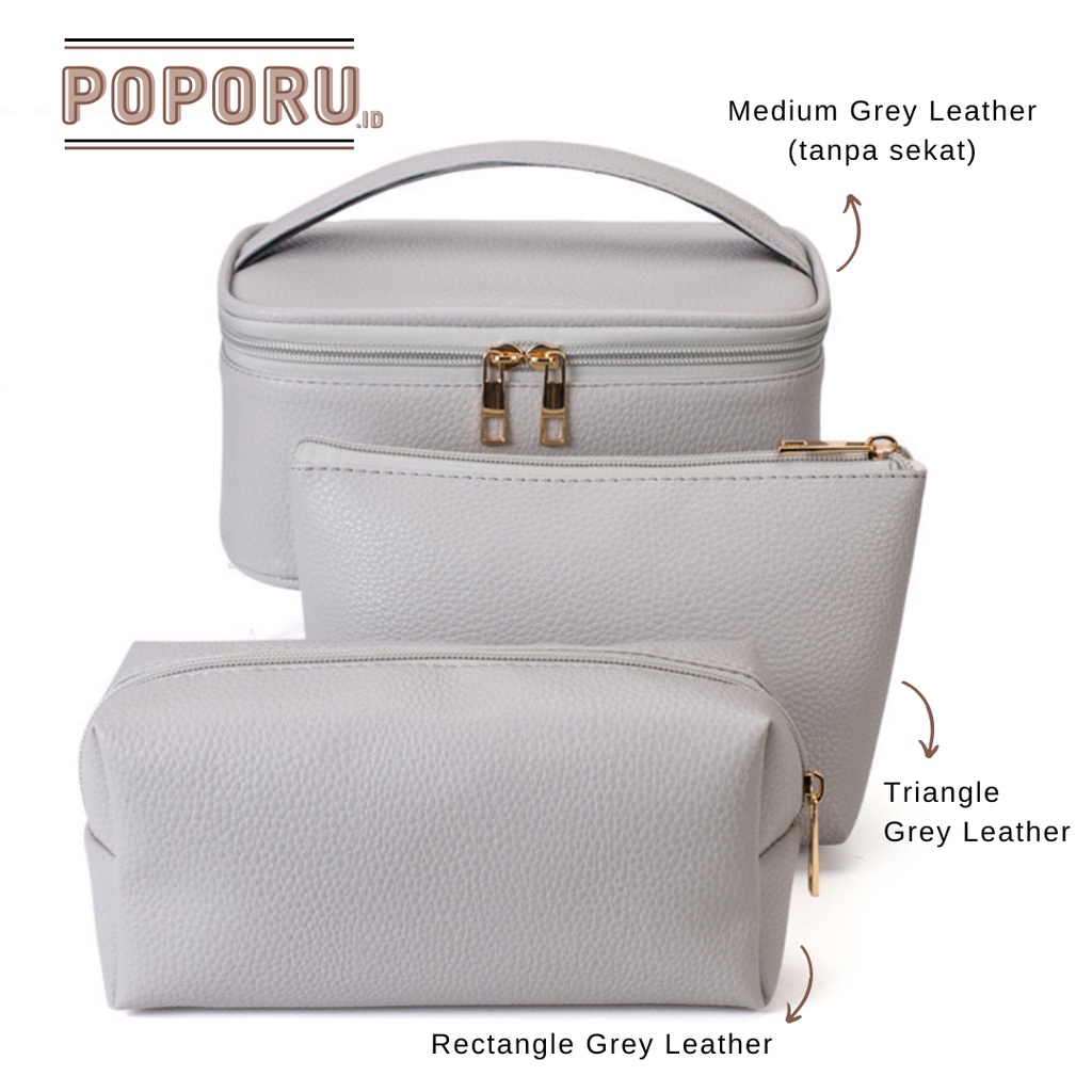 POPORU GREY LEATHER Pouch 4 types - cosmetics bag organizer for make up - tas tempat kosmetik