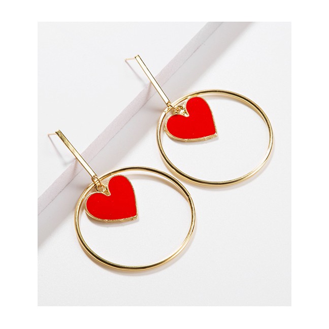 LRC Anting Tusuk Fashion Red Gold-plated Love Big Circle Earrings D44783