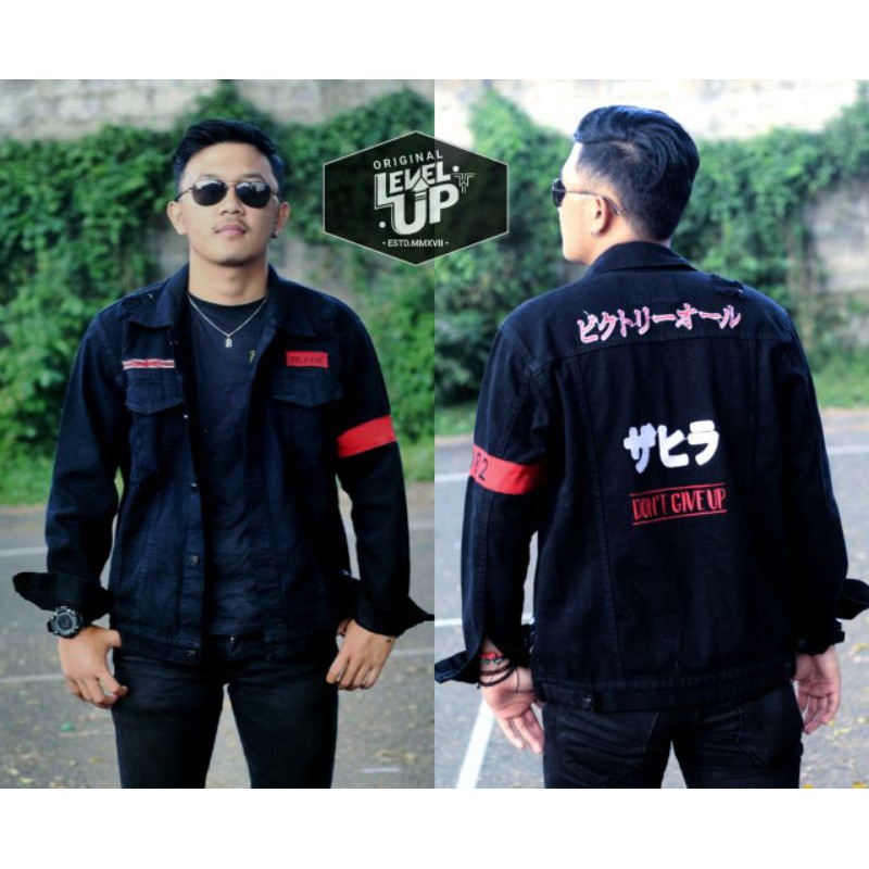 PROMO JAKET JEANS PRIA MURAH LEVEL UP JAKET DENIM COWOK KEREN RESLETING JAKET JEANS BORDIR EMBLEM TEMPEL SOBEK ORIGINAL