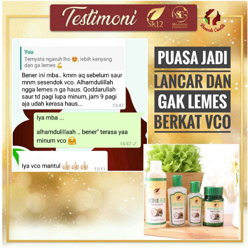 VCO KAPSUL &amp; CAIR SR12 100% ORIGINAL BPOM / SR12 VICO VIRGIN COCONUT OIL / VCO DIET KETO / MINYAK KELAPA / IMUN BOOSTER / VCO SUPLEMEN KESEHATAN / V-CO ORIGINAL SR12 / VCO ASI BOOSTER