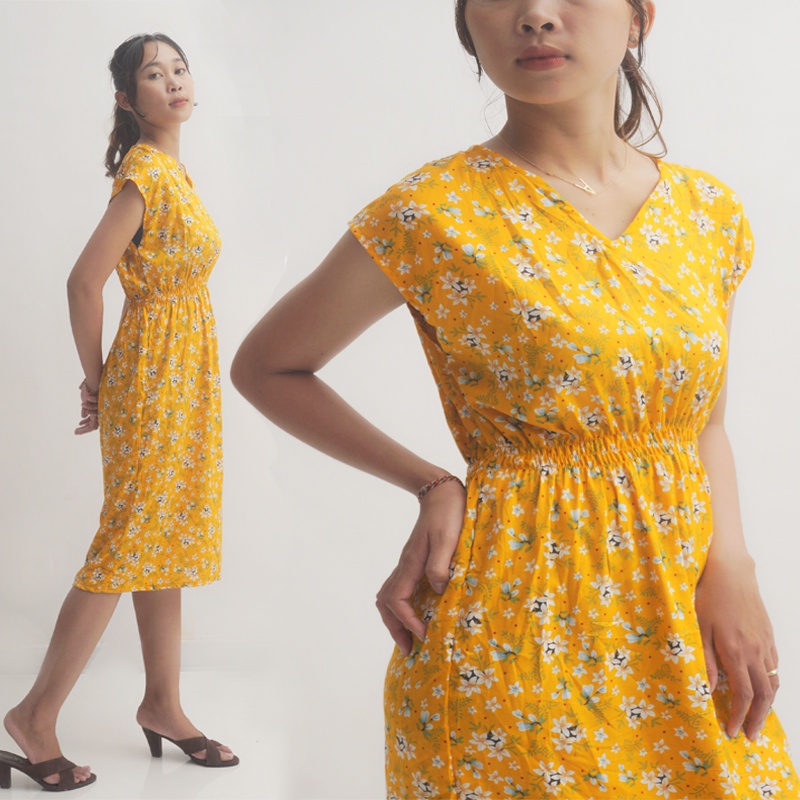 Dress Korea Mini Dres Wanita Tanpa Lengan Pendek Korean Style Warna Kuning Yellow Motif Bunga Jumbo 
