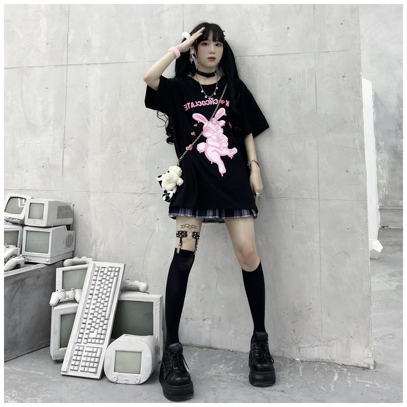 KBS-91 kaos full print kelinci rabbit black and pink oversize t-shirt import korea jepang