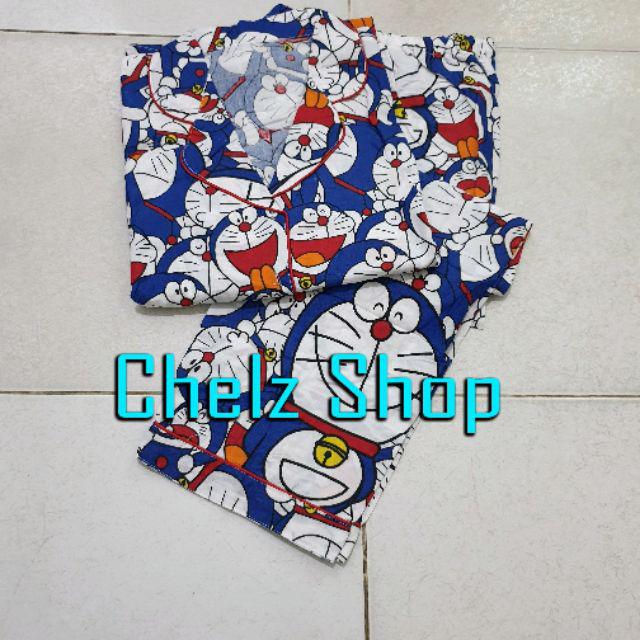 Baju Tidur Piyama Wanita/Cewek Pajamas Motif Dewasa Kekinian Karakter/Kotak Guillen-CP DORAEMON