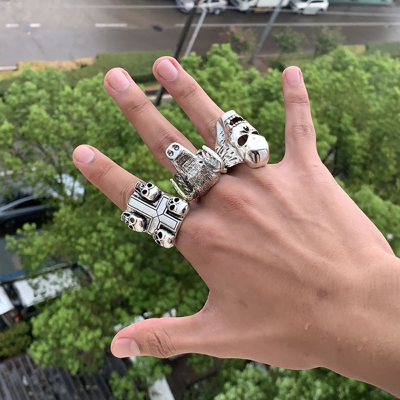 Cincin Desain Tengkorak Gaya Vintage Punk Untuk Pria