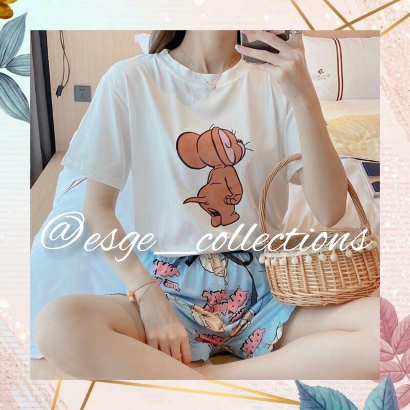 SETELAN BAJU TIDUR WANITA LENGAN PENDEK SETELAN KAOS CELANA PENDEK BAJU TIDUR SANTAI BAJU ADEM MURAH