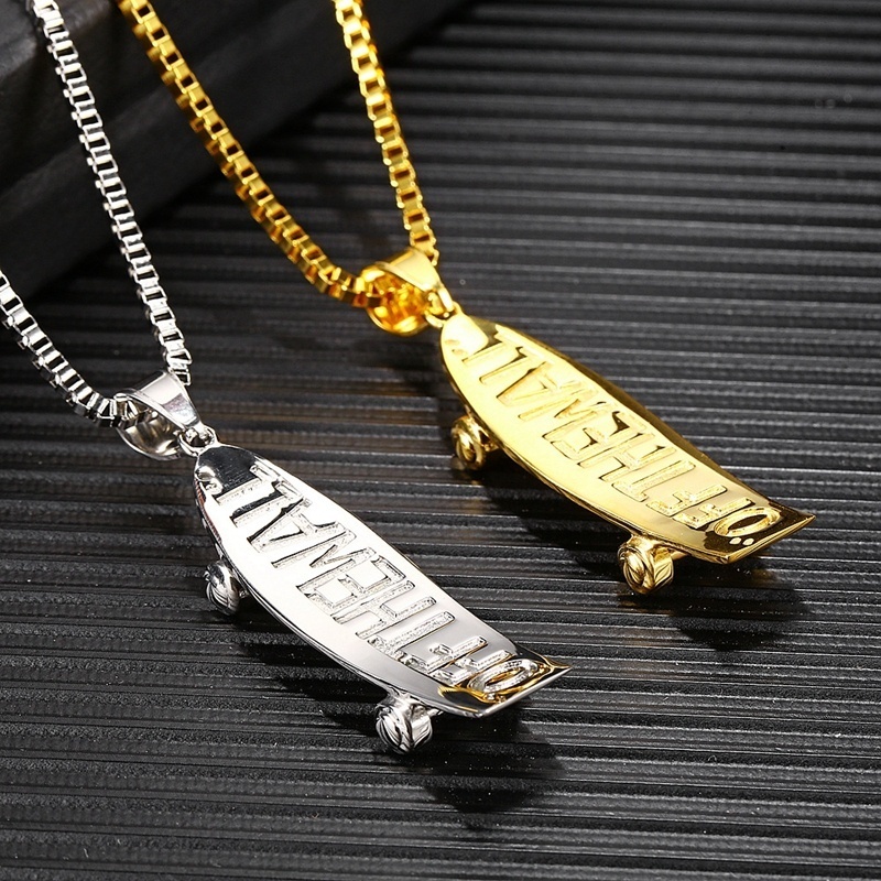 Kalung Liontin Skateboard Gaya Hip Hop Warna Emas Dan Silver Untuk Pria